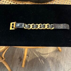CHANEL Gold and Black leather Chain Bracelet
